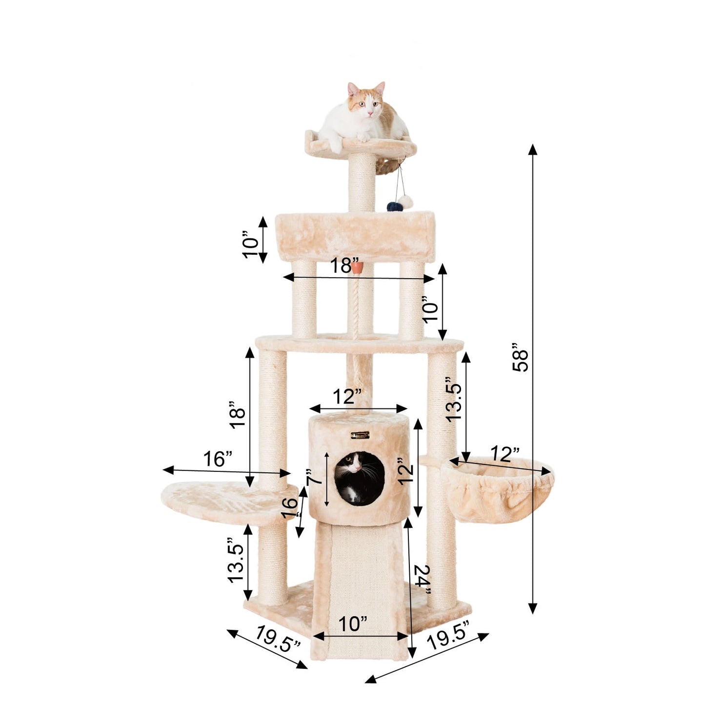 Real Wood Spacious Thick Fur Cat Tower with Lounge