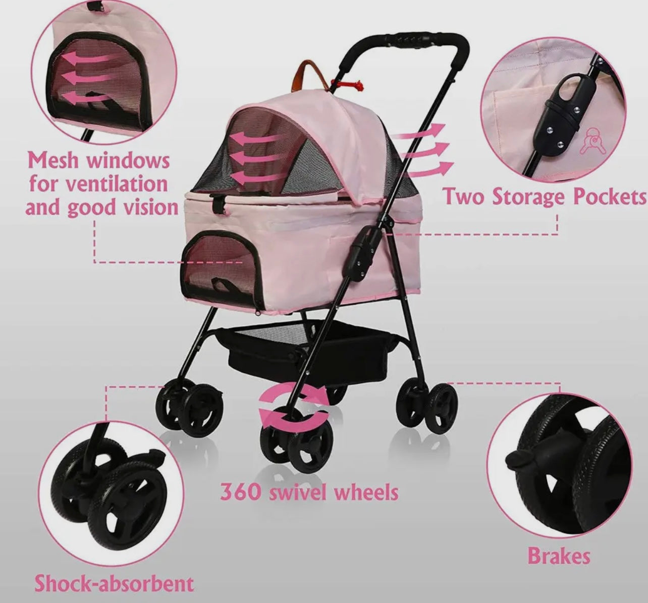 Pink Folding Pet Stroller For Small/Small Medium Dogs and Cats