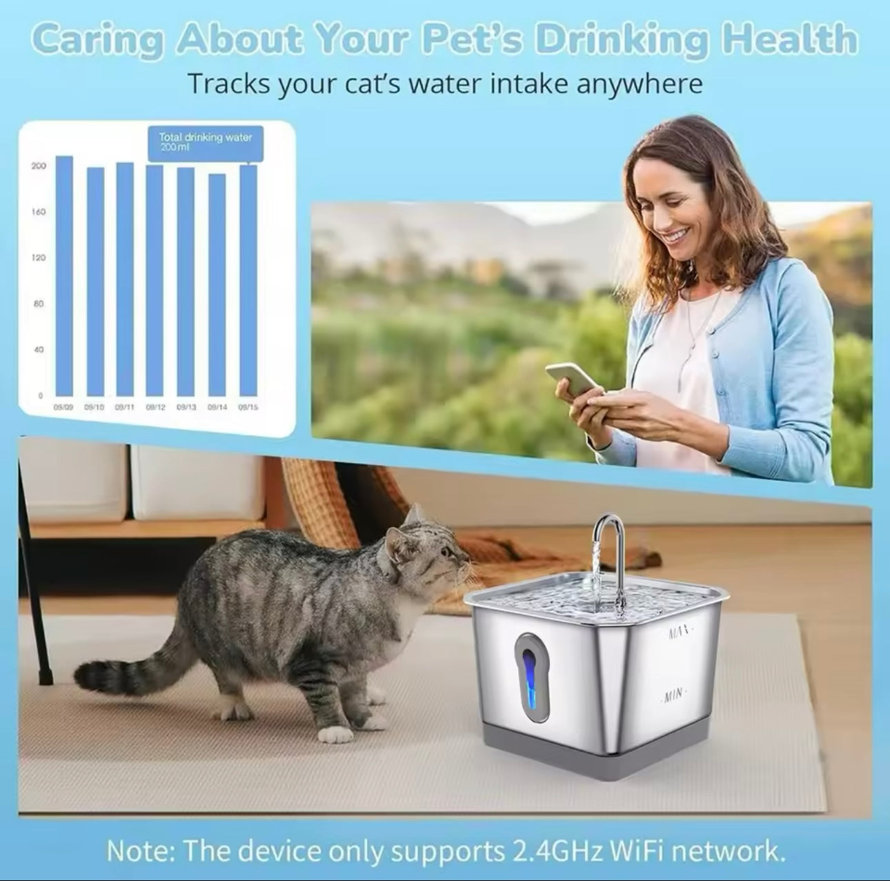 Smart Pet Stainless Steel Drinking Fountain with App