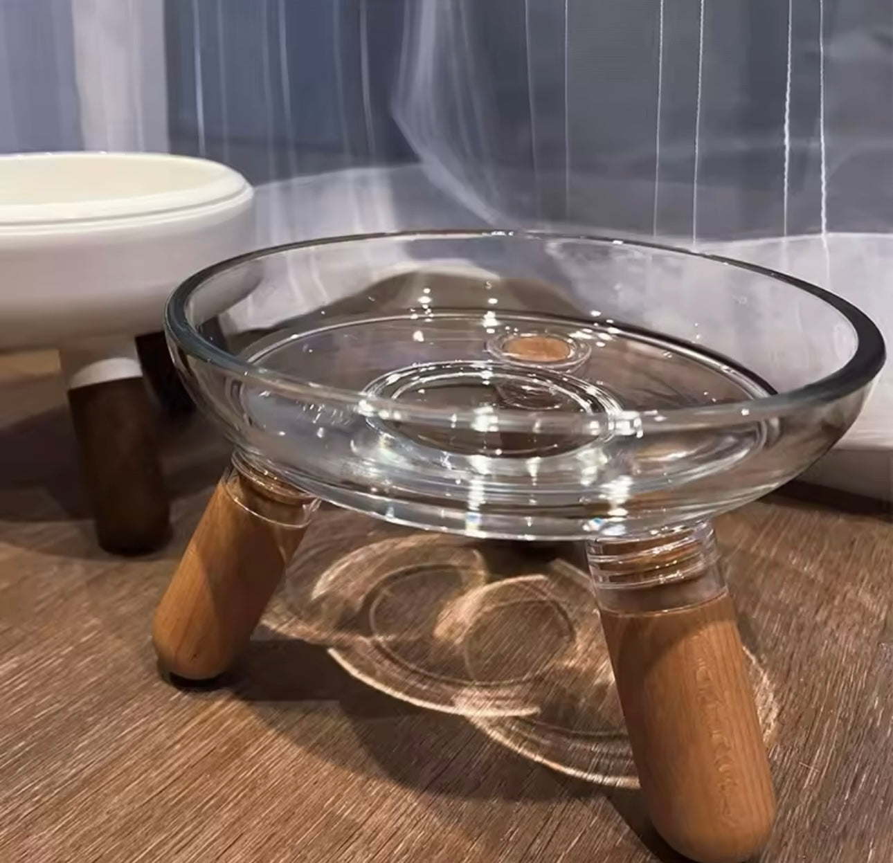 Glass Elevated Wooden Leg Cat Food and Water Bowl