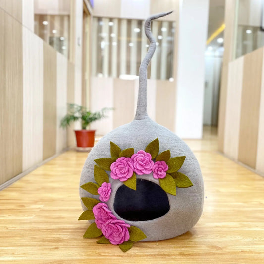 Felt Handmade Light Gray with Pink and Green Flower Design Cat Cave