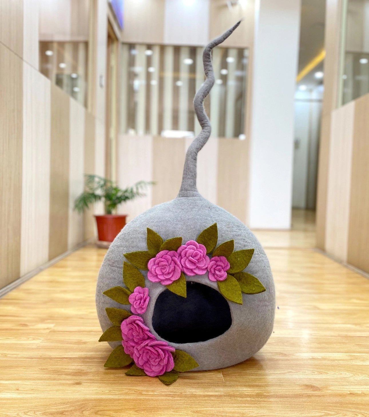 Felt Handmade Light Gray with Pink and Green Flower Design Cat Cave