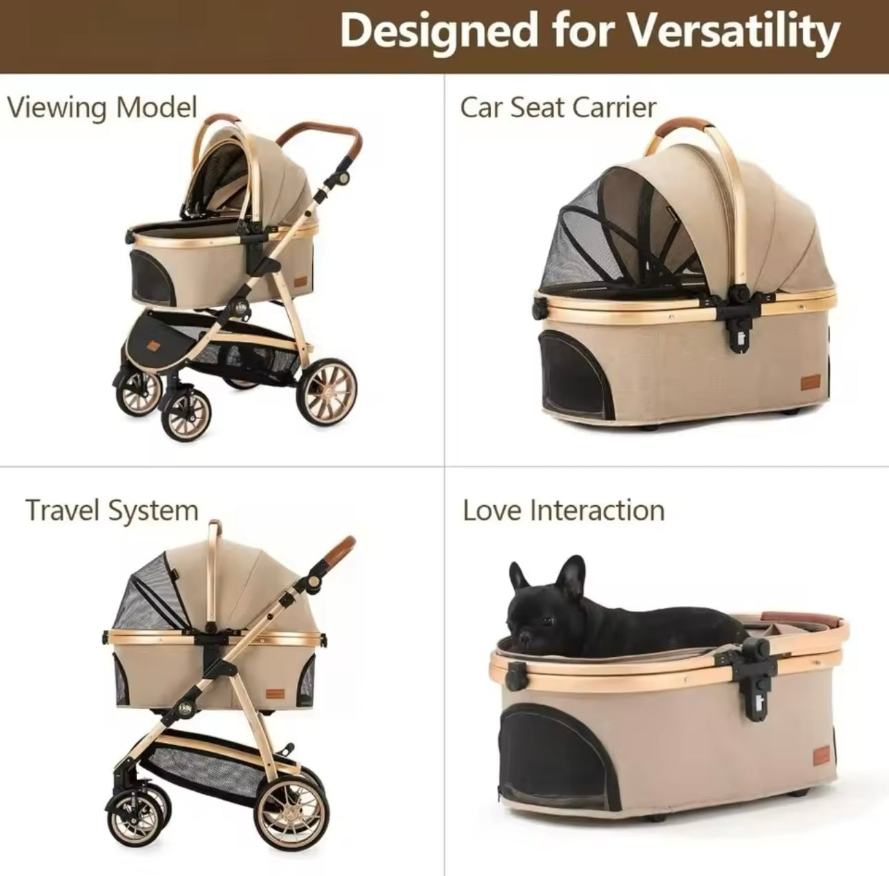 3 in 1 Medium Size Dog or Cat Stroller with Gold Trim