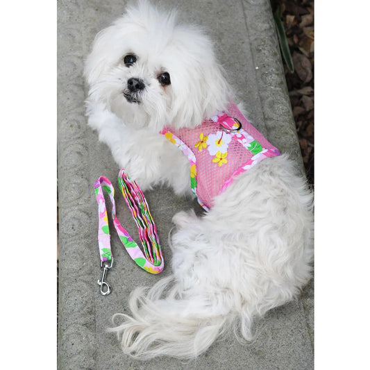 Cool Mesh Pink Hawaiian Floral Dog Harness With Leash