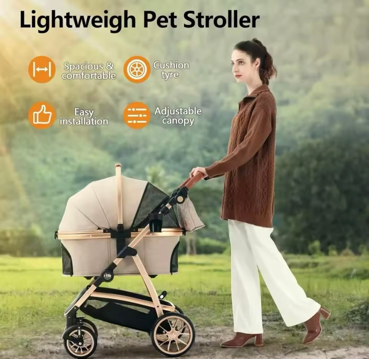 3 in 1 Medium Size Dog or Cat Stroller with Gold Trim