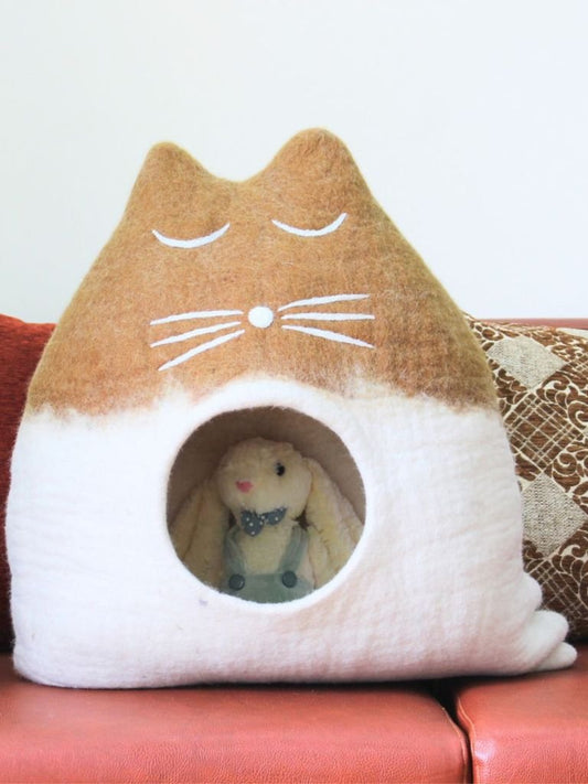 Felt Handmade Tan and White Cat Shaped Cat Cave
