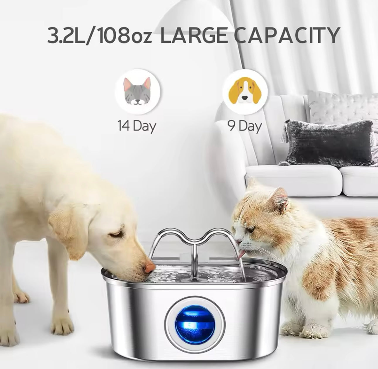 Stainless Steel Ultra Quiet Pet Water Fountain with LED Light 108 oz