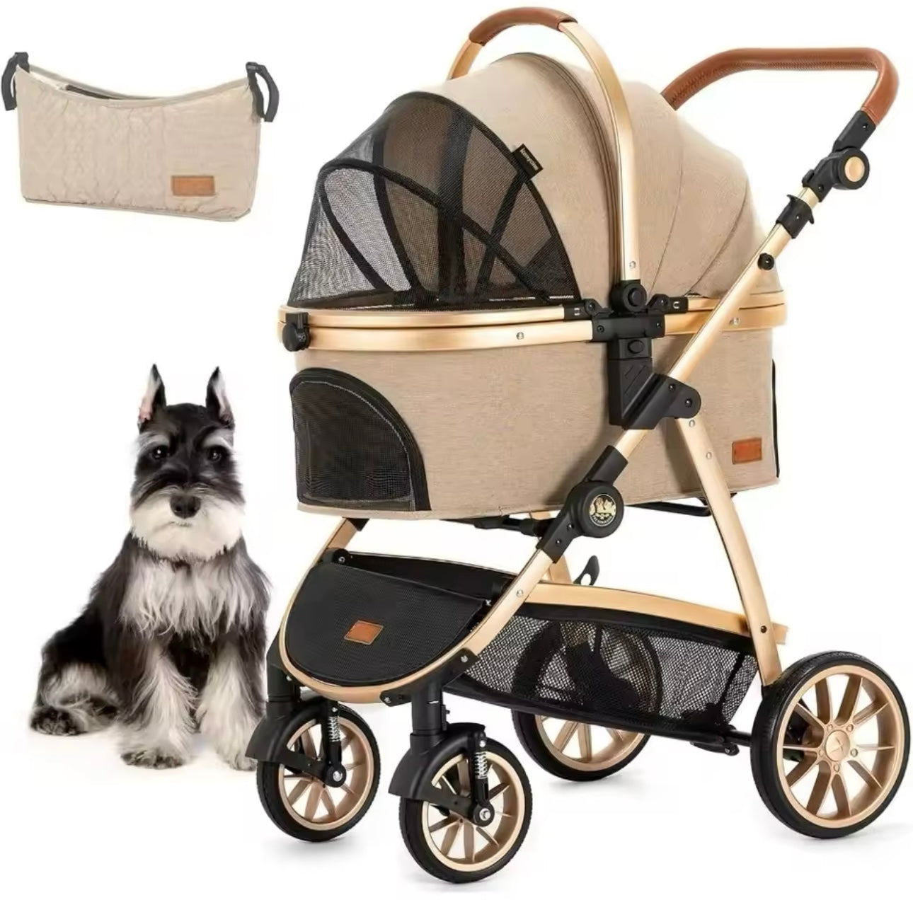 3 in 1 Medium Size Dog or Cat Stroller with Gold Trim