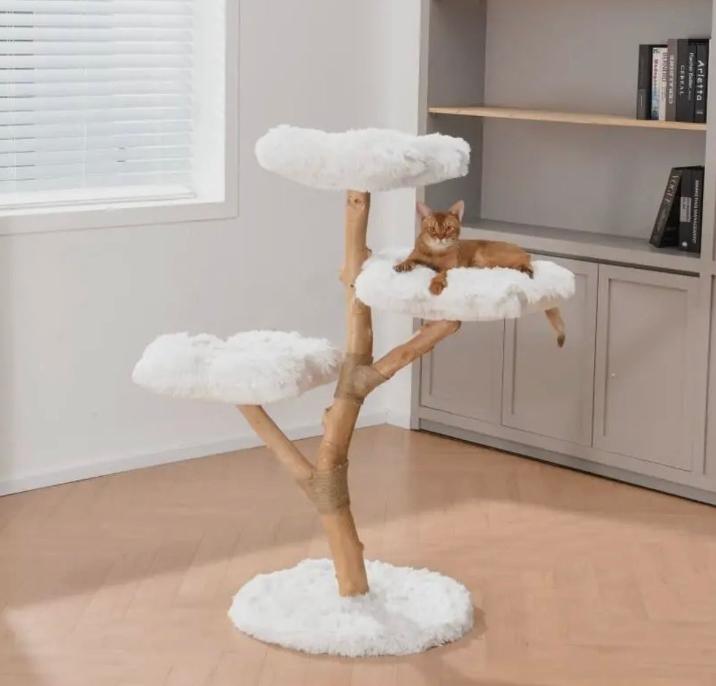 Michu 3 Tier Fluffy Blossom Flower Petal Real Wood Cat Tree