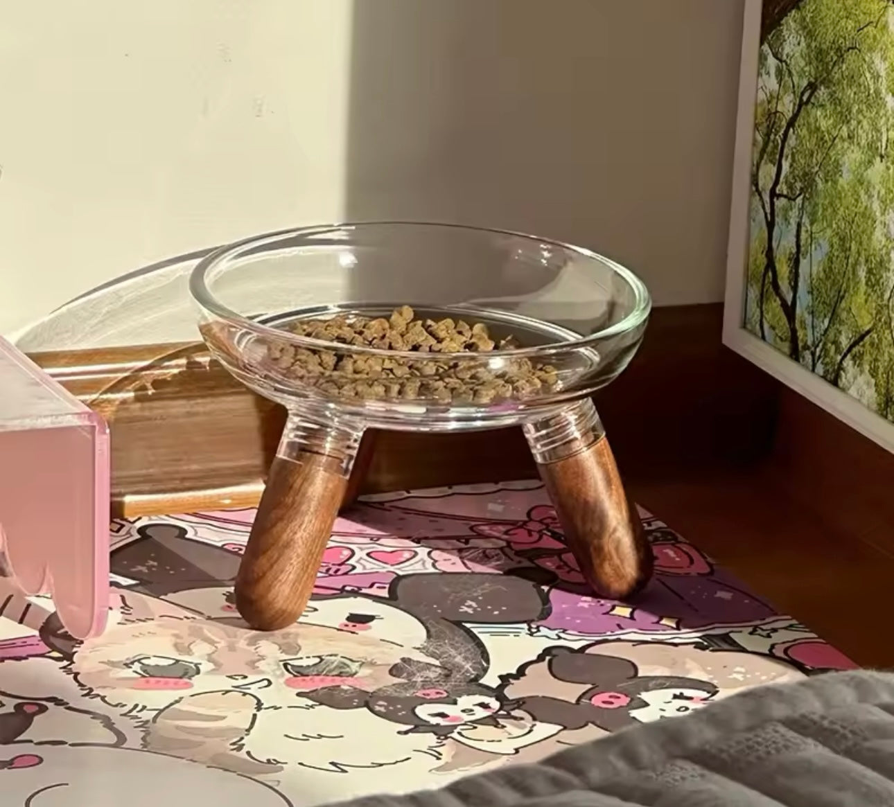 Glass Elevated Wooden Leg Cat Food and Water Bowl