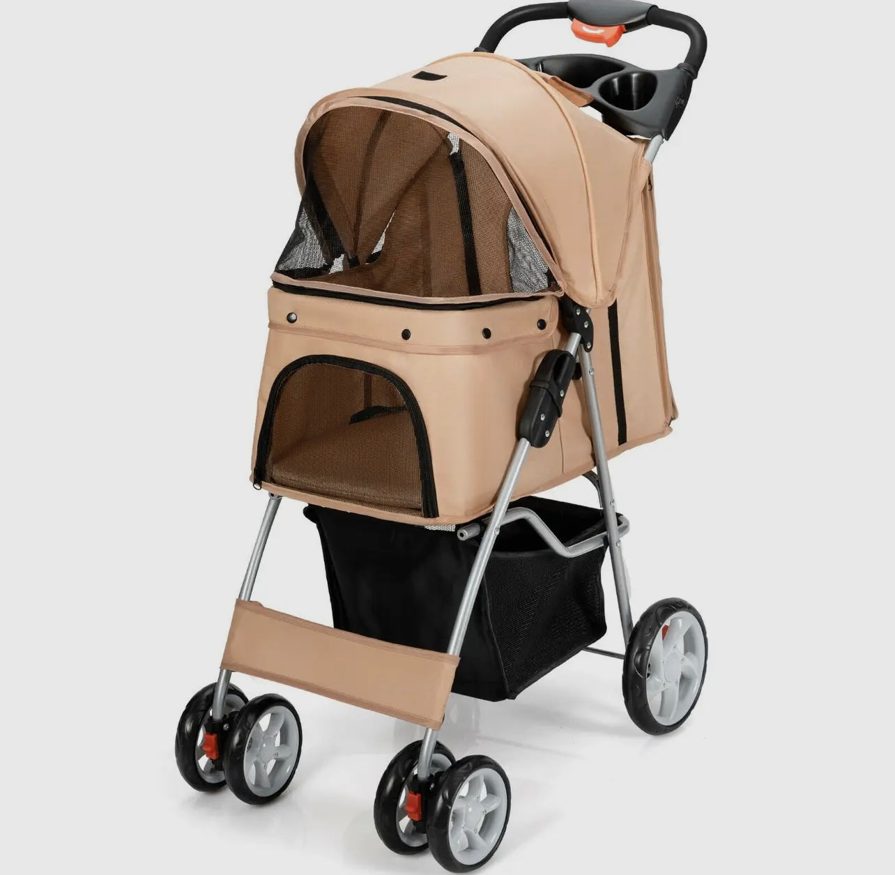 Foldable Pet Stroller with attached Storage Basket