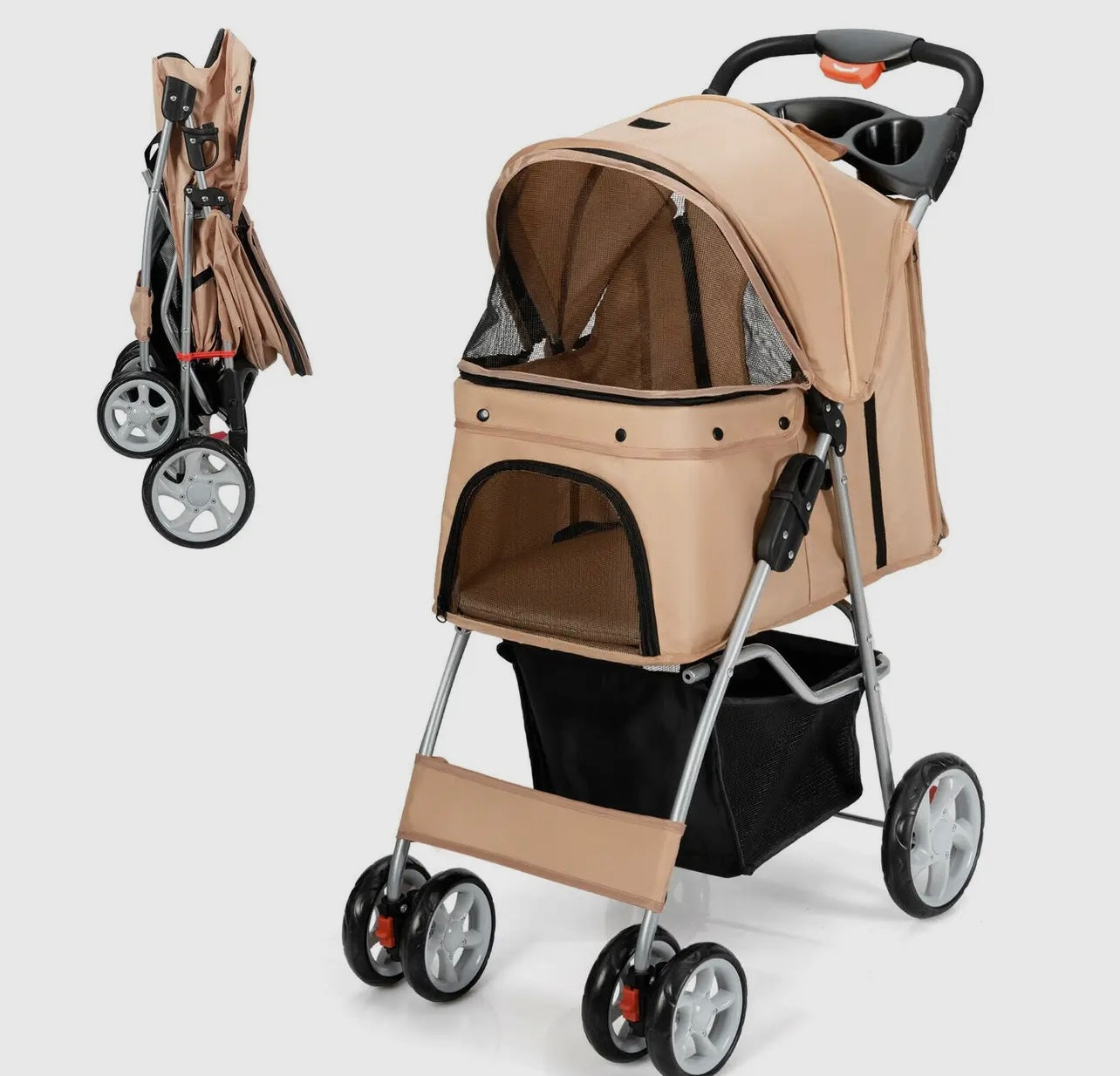 Foldable Pet Stroller with attached Storage Basket