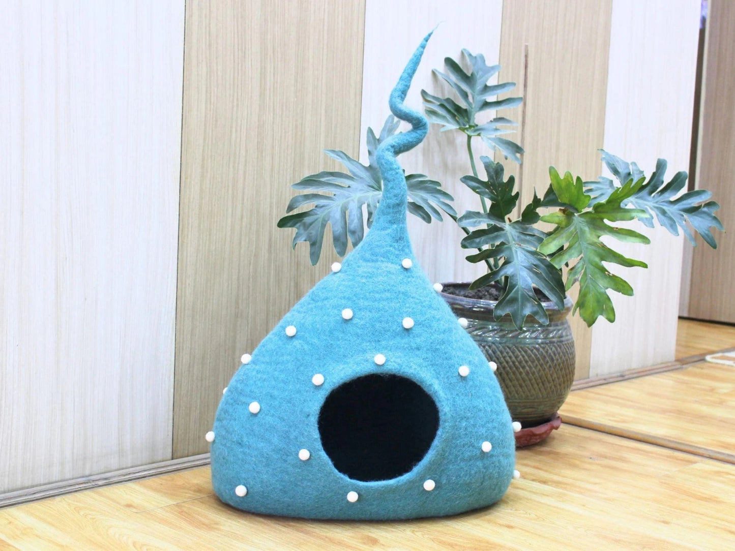 Felt Handmade Teal Blue with White Polka Dot Design Cat Cave