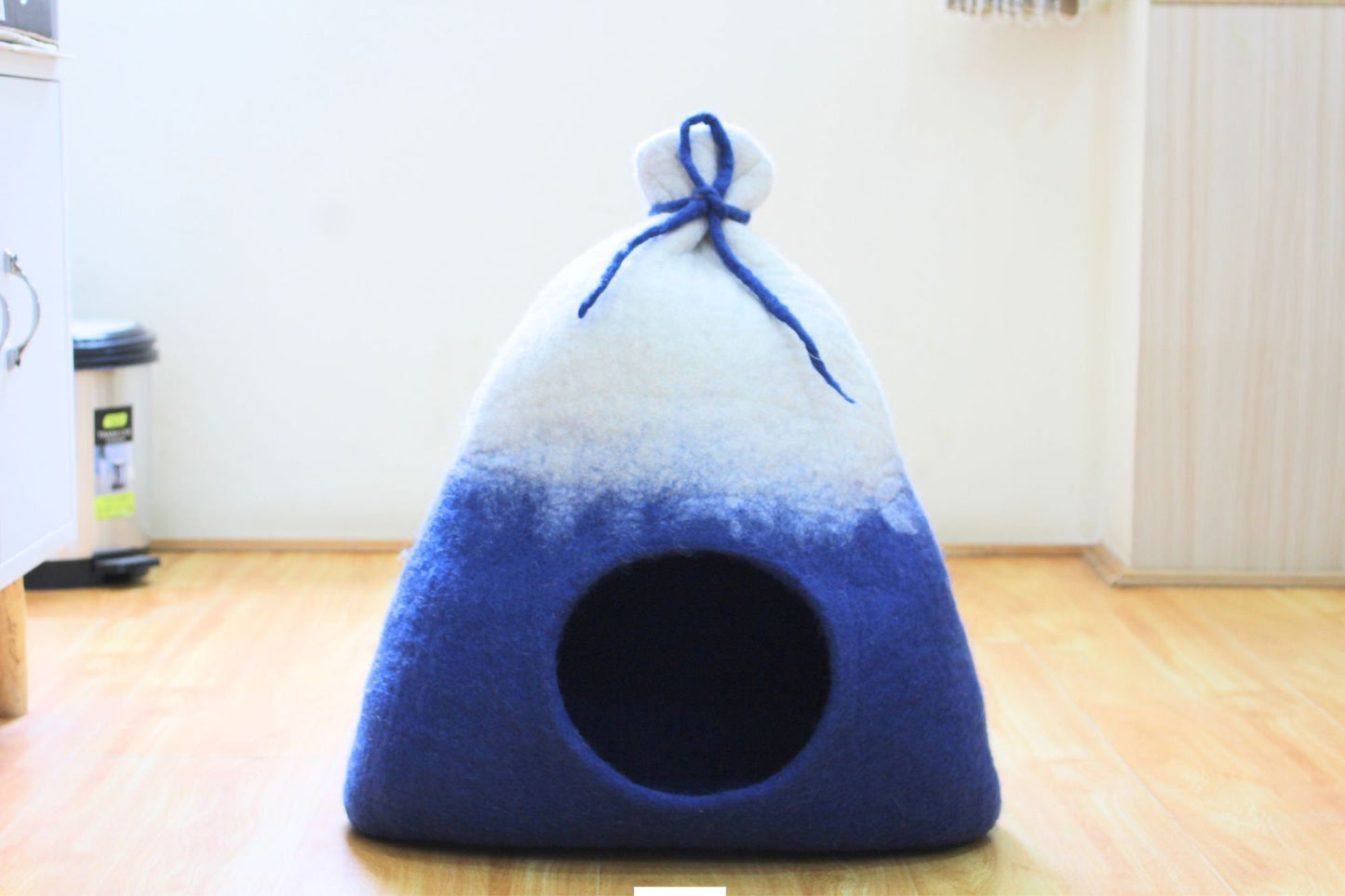 Felt Handmade Blue and White Bag Shaped Cat Cave
