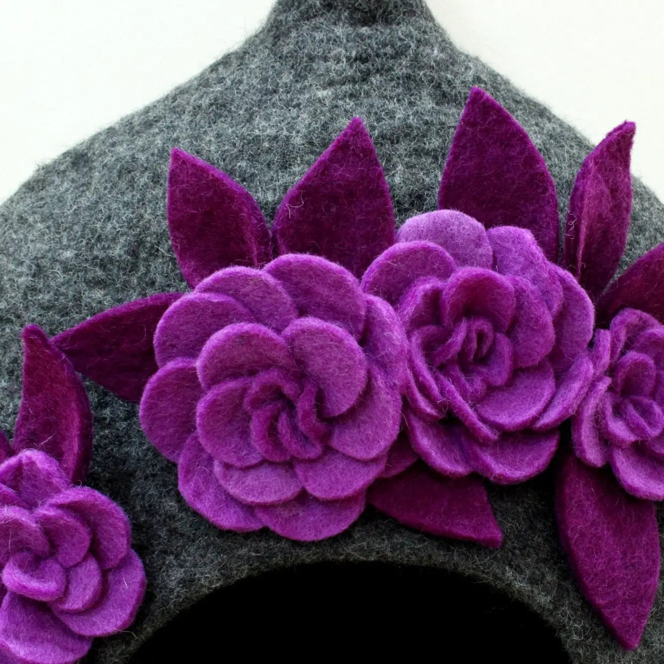 Felt Handmade Dark Gray with Purple Flower Design Cat Cave
