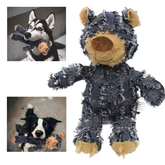 Teddy Bear Denim Plush Interactive Sound Making Dog Toy