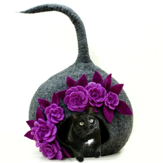 Felt Handmade Dark Gray with Purple Flower Design Cat Cave