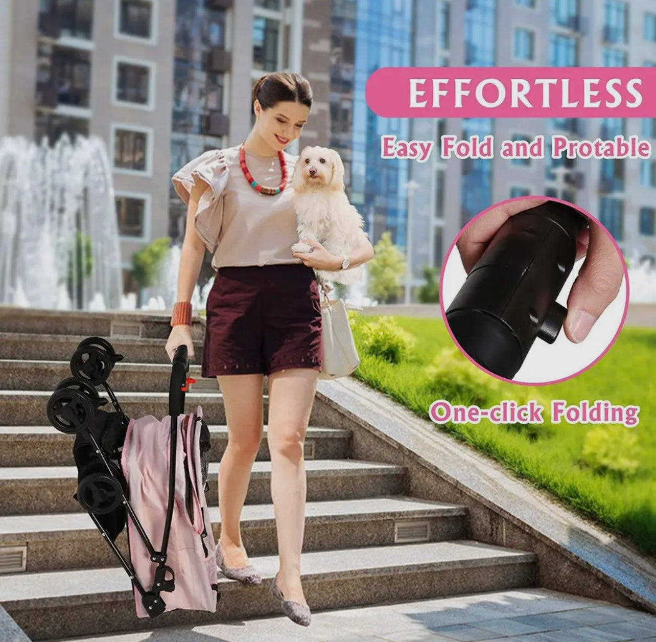 Pink Folding Pet Stroller For Small/Small Medium Dogs and Cats