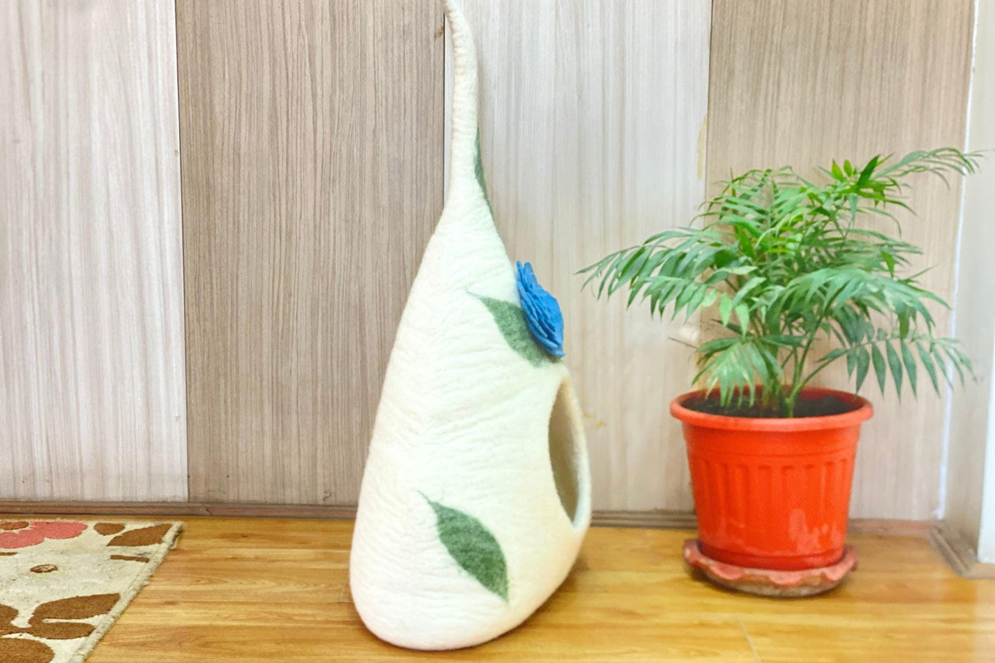 Felt Handmade Ivory with Blue Flower and Green Ivy Design Cat Cave