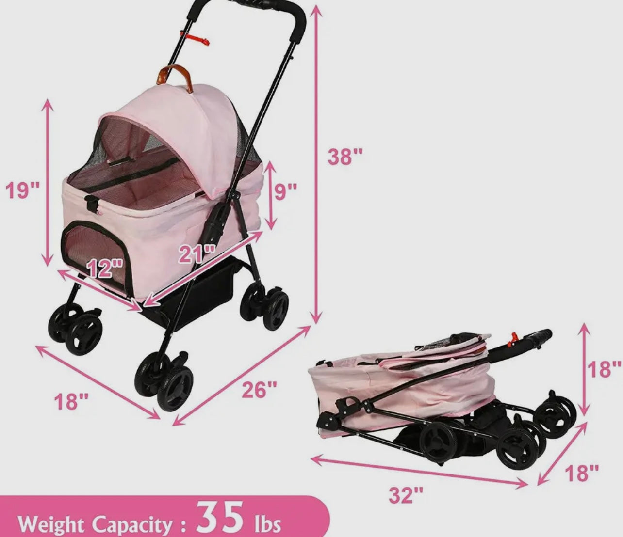 Pink Folding Pet Stroller For Small/Small Medium Dogs and Cats