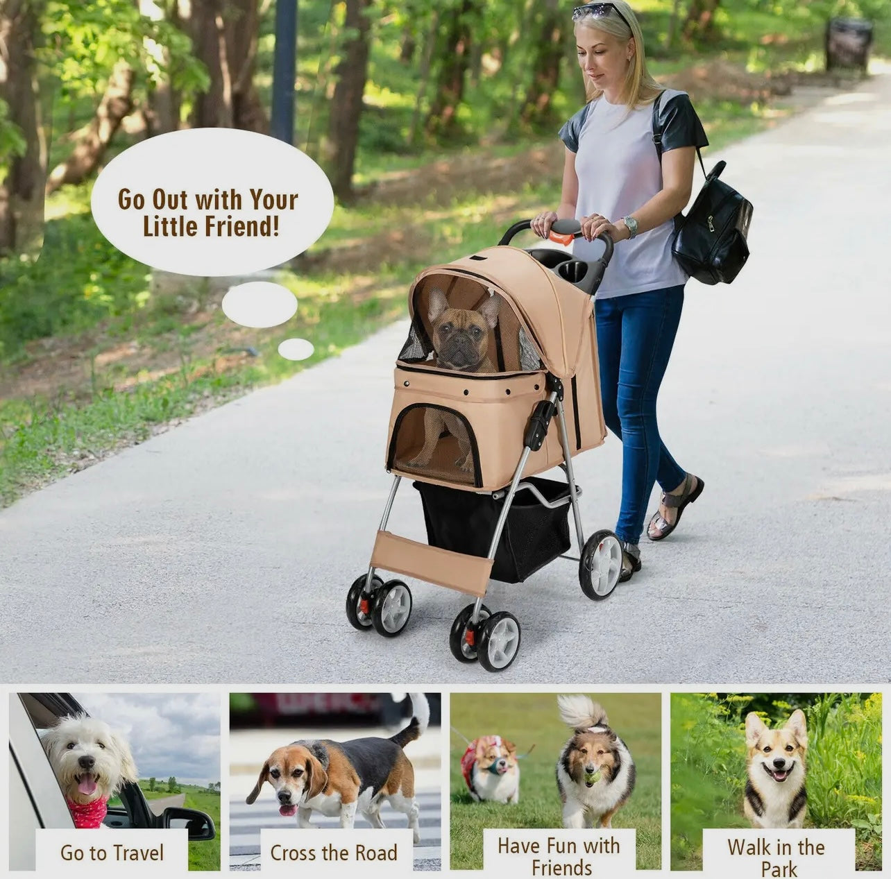 Foldable Pet Stroller with attached Storage Basket