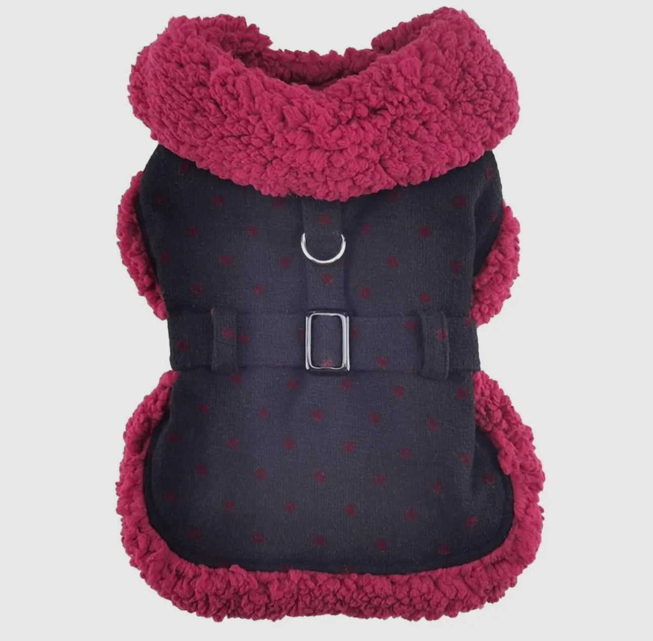 Black Polka Dot Burgundy Sherpa Lined Dog Harness Coat with Leash