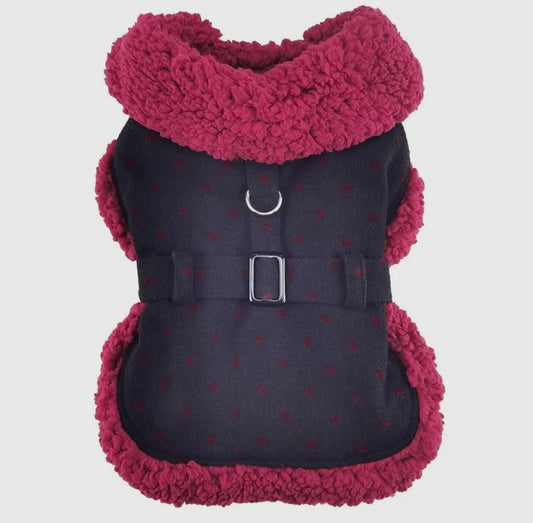 Black Polka Dot Burgundy Sherpa Lined Dog Harness Coat with Leash