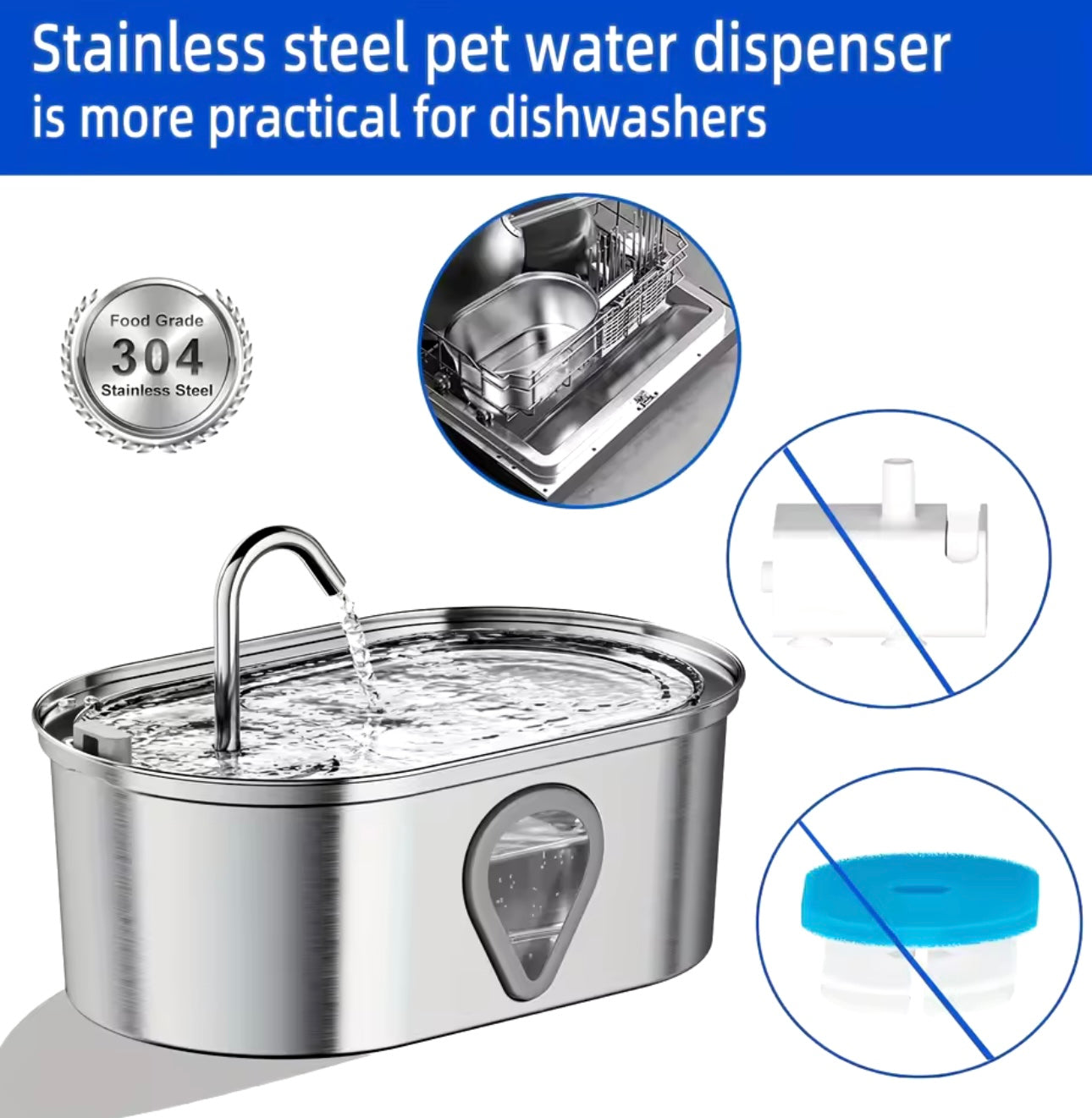 Stainless Steel Automatic Ultra Quiet Pet Drinking Water Fountain with LED Light