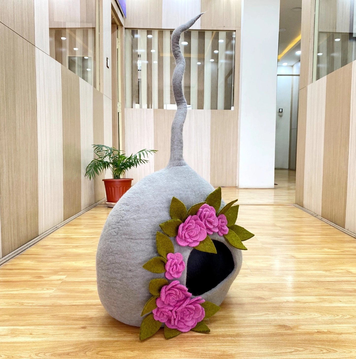 Felt Handmade Light Gray with Pink and Green Flower Design Cat Cave