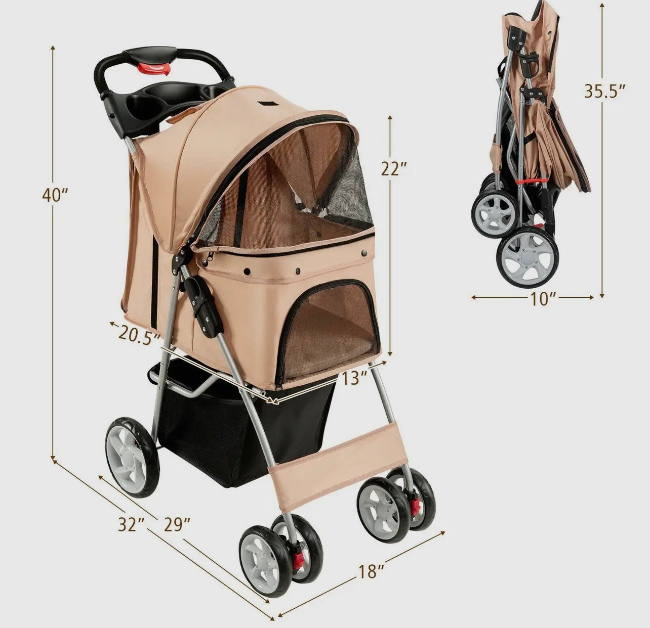 Foldable Pet Stroller with attached Storage Basket