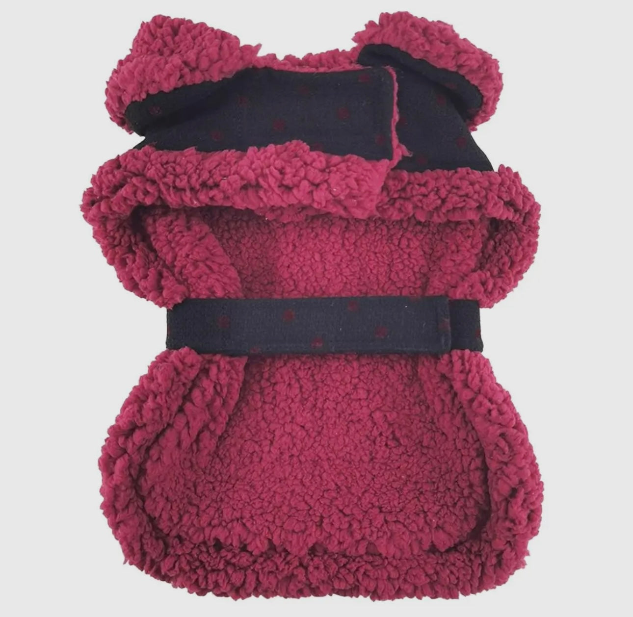Black Polka Dot Burgundy Sherpa Lined Dog Harness Coat with Leash