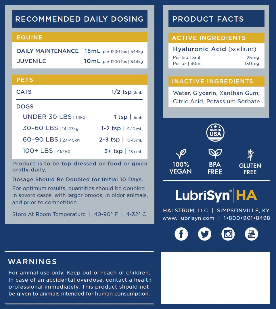 LubriSynha Hyaluronic Joint Supplement For Pets & Horses
