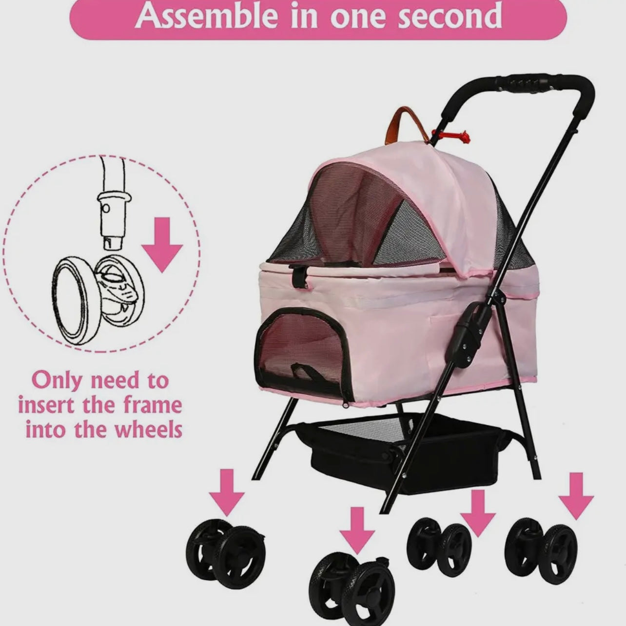 Pink Folding Pet Stroller For Small/Small Medium Dogs and Cats