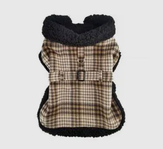 Brown and White Plaid Black Sherpa Lined Dog Harness Coat with Leash