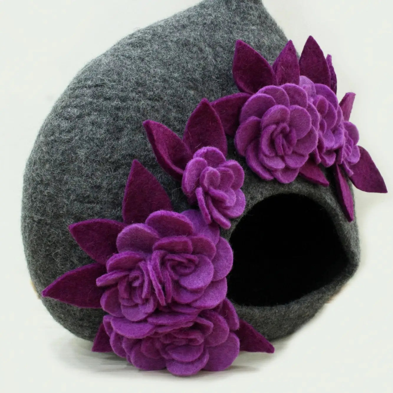 Felt Handmade Dark Gray with Purple Flower Design Cat Cave