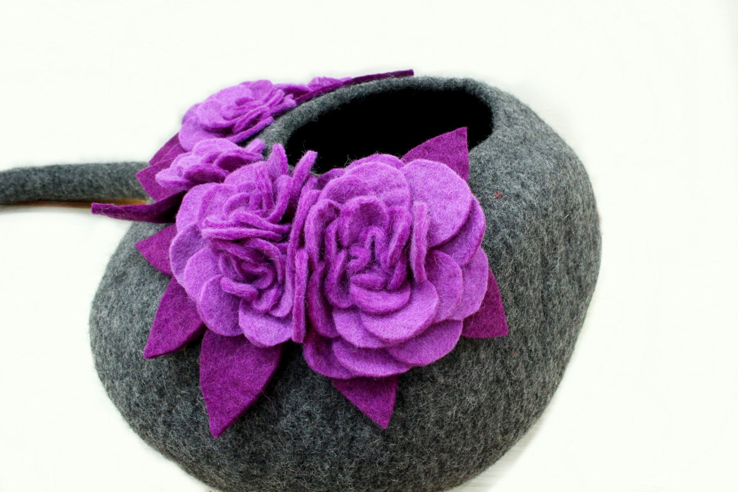 Felt Handmade Dark Gray with Purple Flower Design Cat Cave
