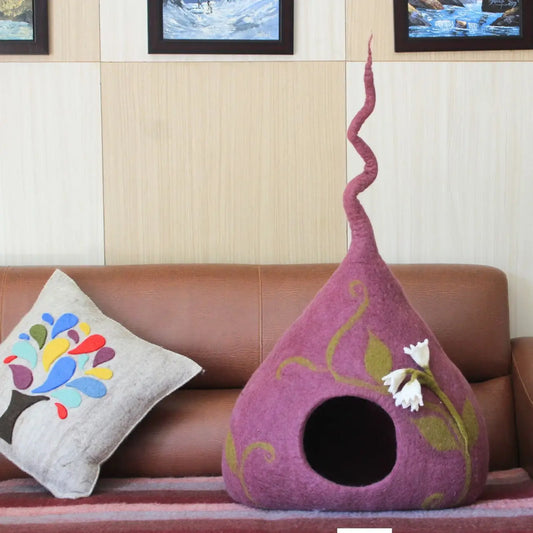 Felt Handmade Purple With White Flower and Ivy Design Cat Cave