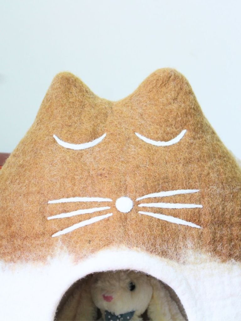 Felt Handmade Tan and White Cat Shaped Cat Cave