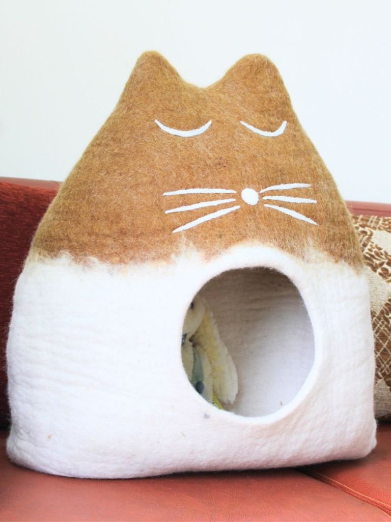 Felt Handmade Tan and White Cat Shaped Cat Cave