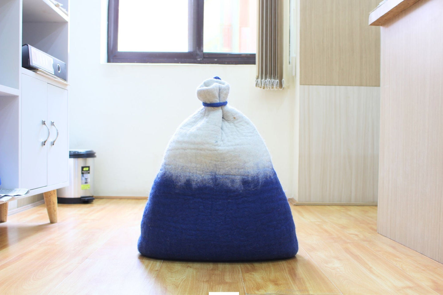 Felt Handmade Blue and White Bag Shaped Cat Cave