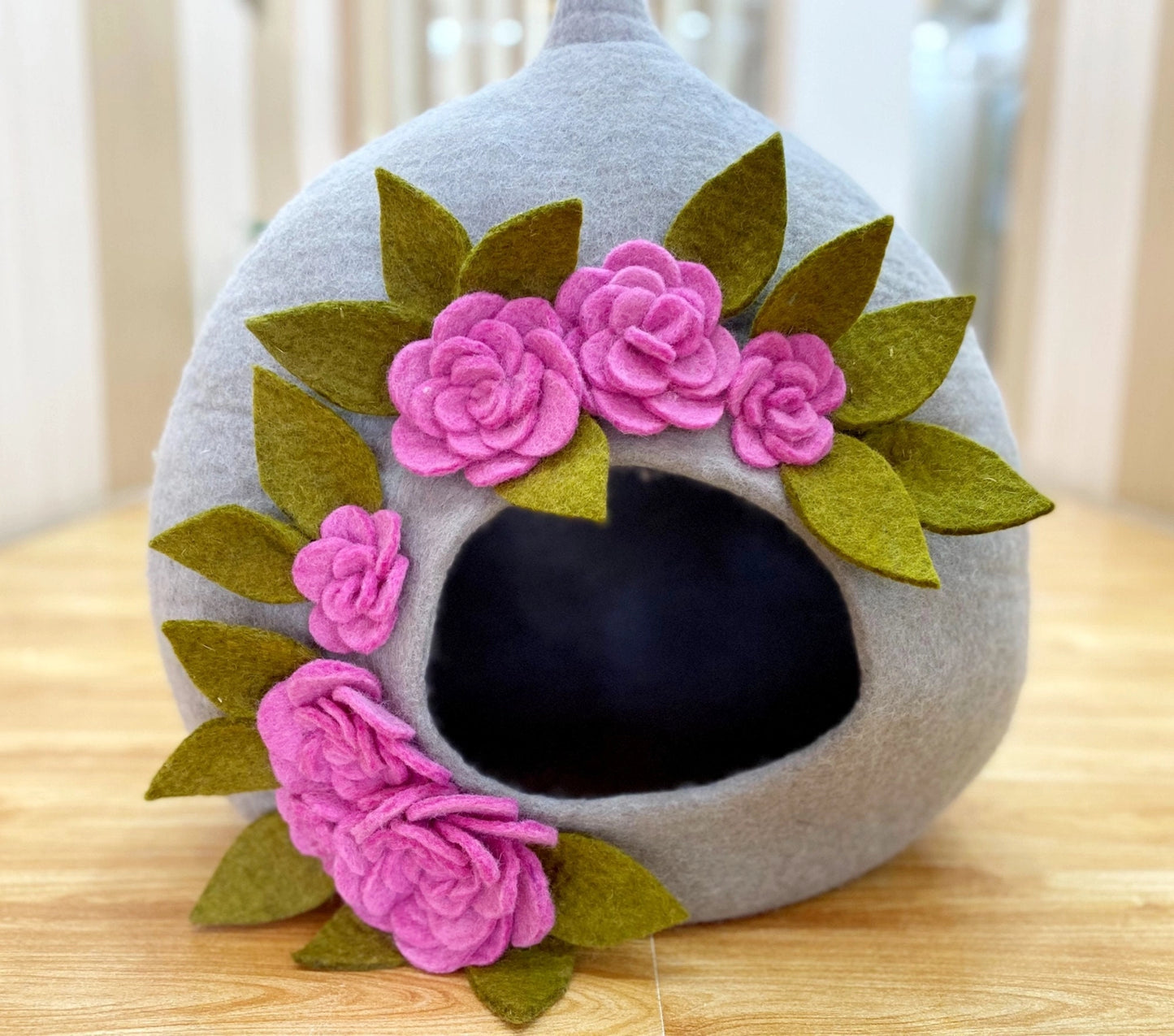 Felt Handmade Light Gray with Pink and Green Flower Design Cat Cave