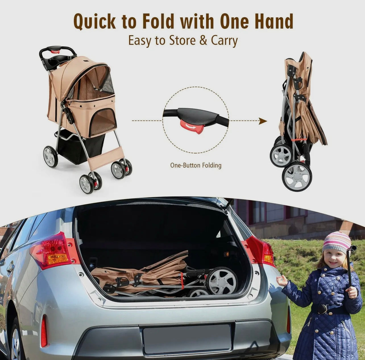 Foldable Pet Stroller with attached Storage Basket