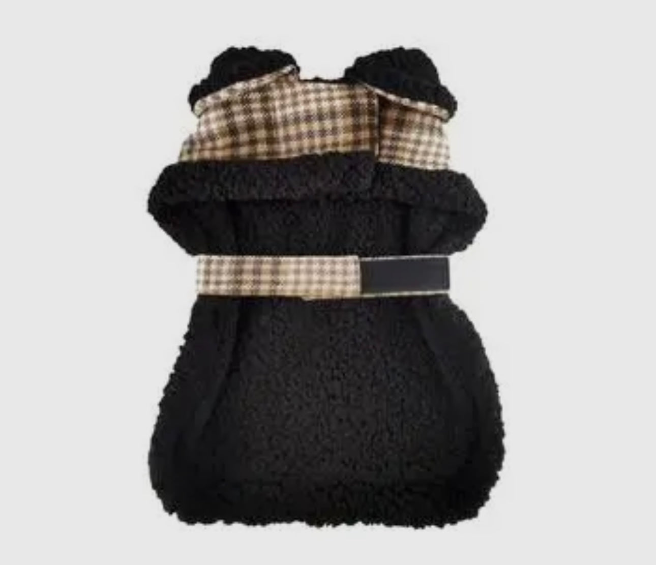 Brown and White Plaid Black Sherpa Lined Dog Harness Coat with Leash