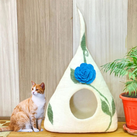 Felt Handmade Ivory with Blue Flower and Green Ivy Design Cat Cave