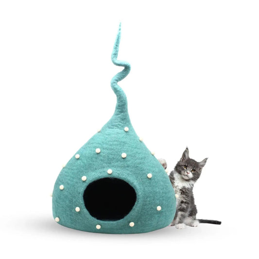 Felt Handmade Teal Blue with White Polka Dot Design Cat Cave