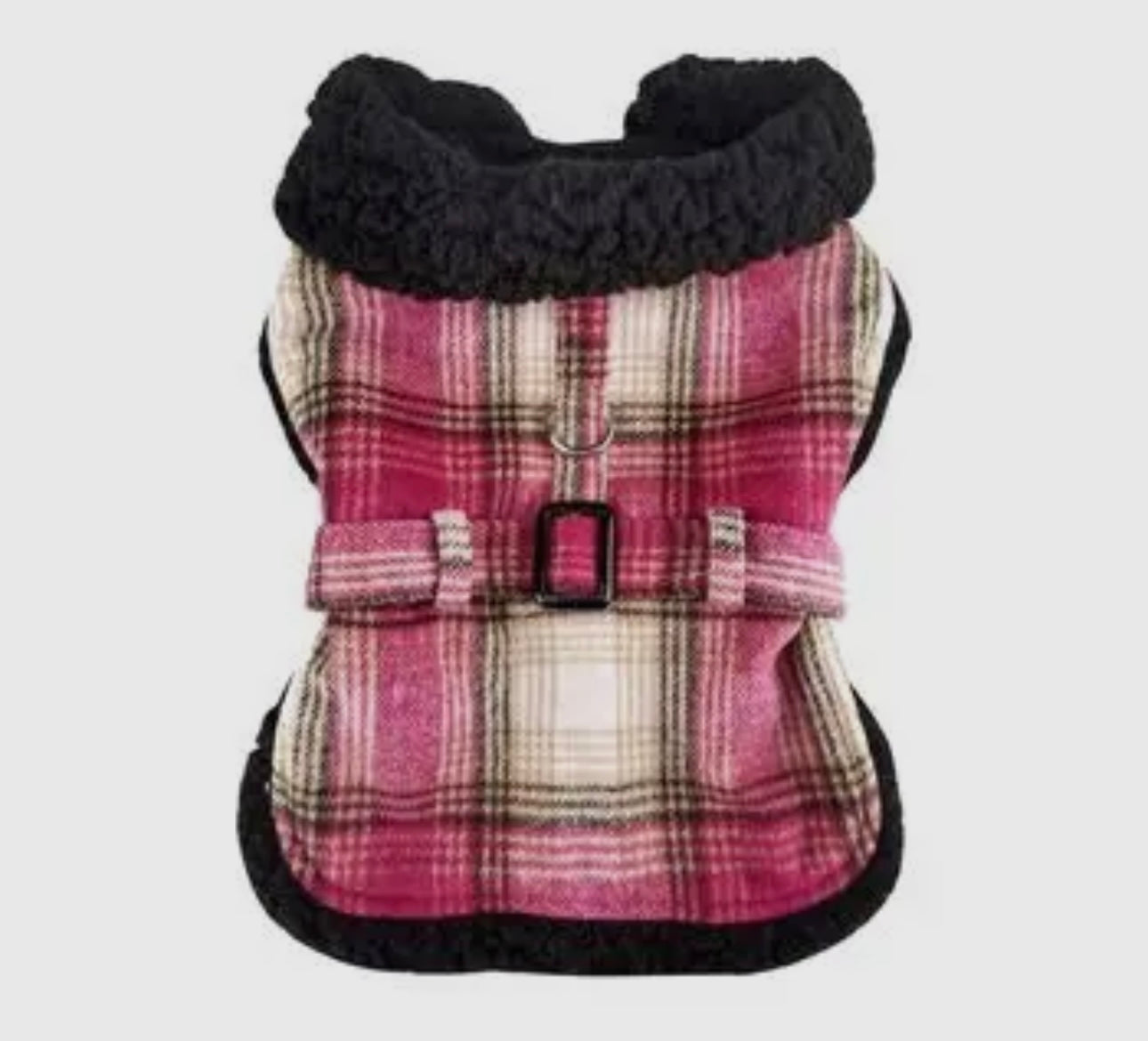 Pink Plaid White Sherpa Lined Dog Harness Coat with Leash