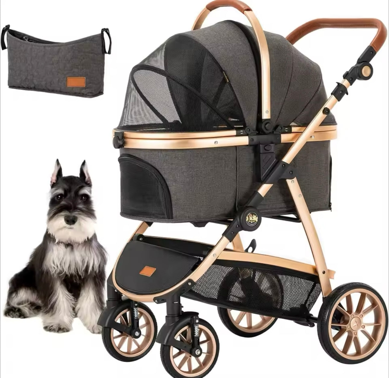 3 in 1 Medium Size Dog or Cat Stroller with Gold Trim