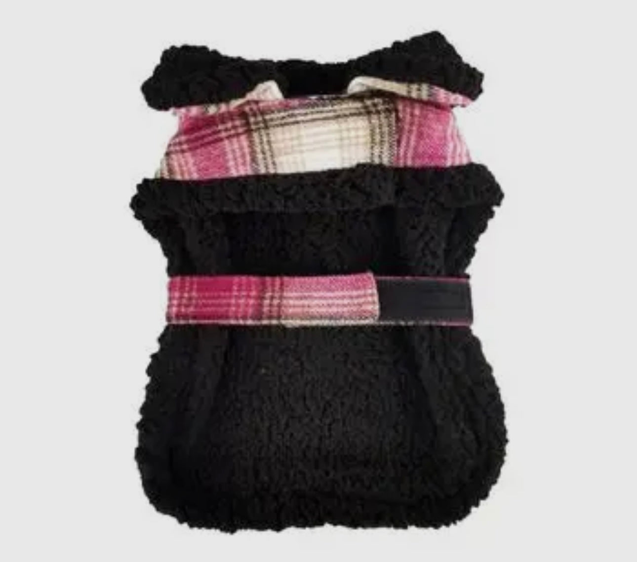 Pink Plaid White Sherpa Lined Dog Harness Coat with Leash