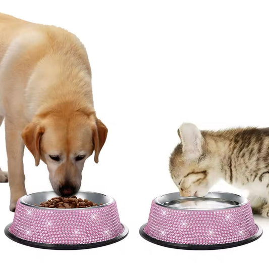 Bling Rhinestone Stainless Steel Dog and Cat Food and Water Bowl