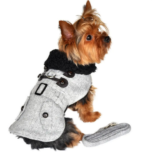 Grey Herringbone Designer Dog Harness Coat
